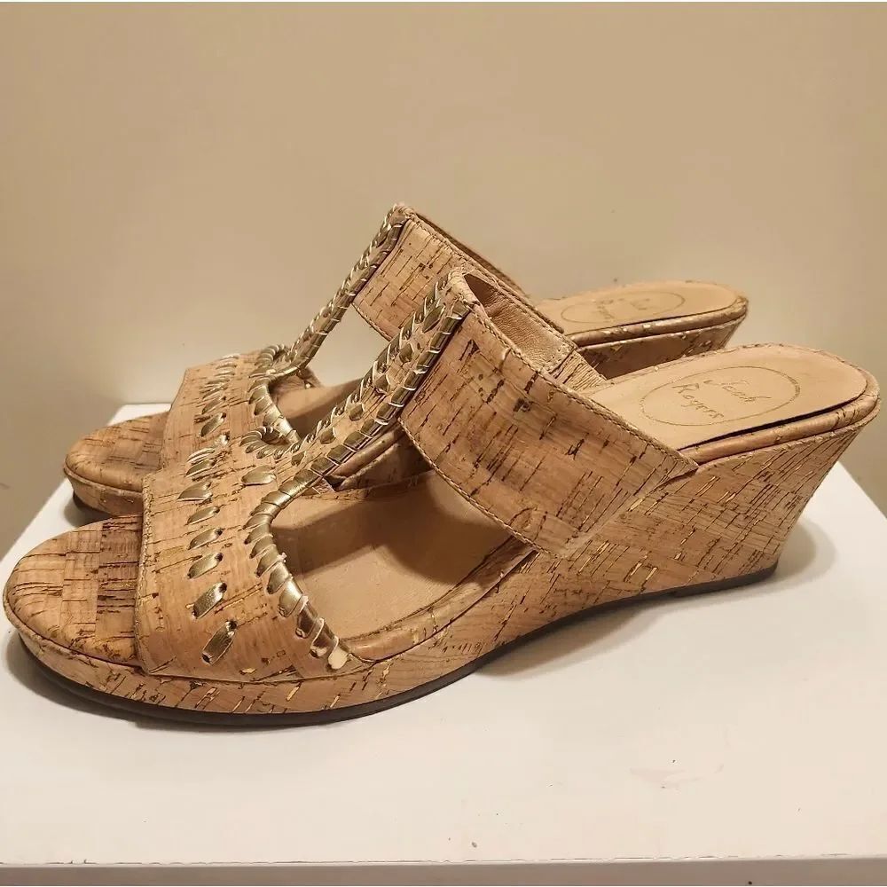 Jack Rogers "Nora" Cork Print Leather Gold Whipstitch Sandals Sz.9.5 Ret $128